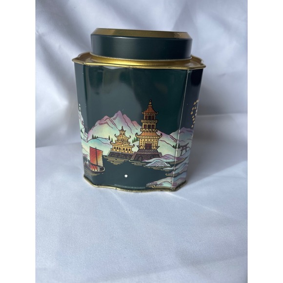 Vintage Chinoiserie Metal Tea Tin Green Gold Pagoda Landscape Storage Canister - Picture 4 of 8